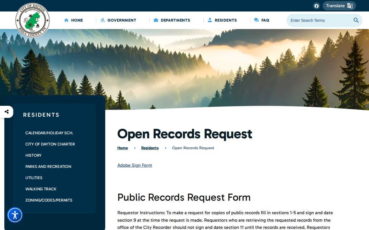 Dayton public-records form for an arrest-record request