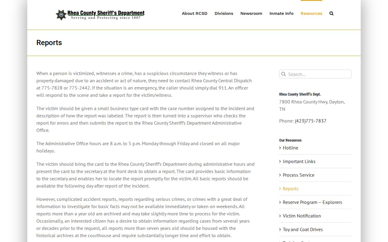 Rhea County Sheriff official reports and booking record request information
