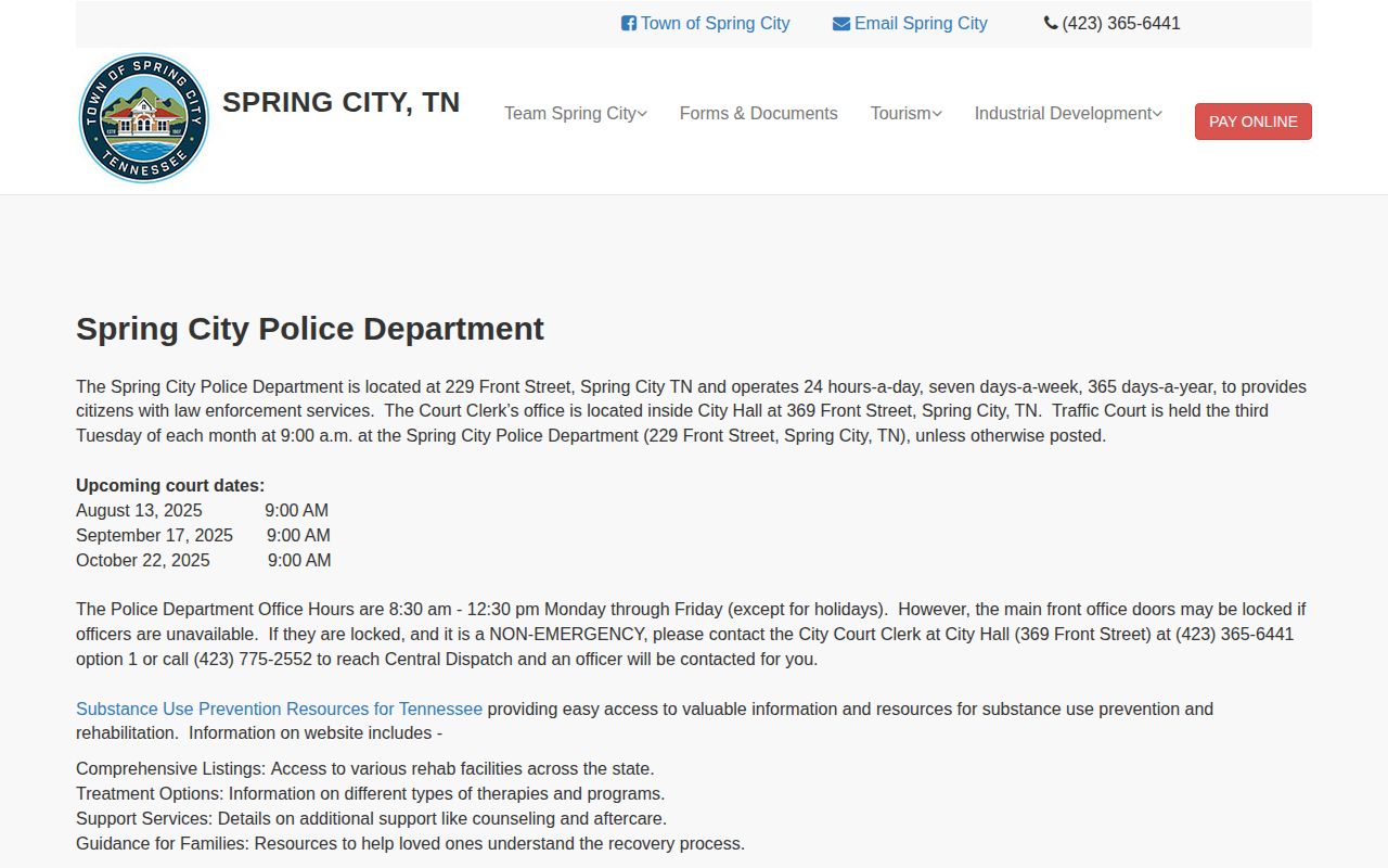 Spring City Police Department arrest-record and office-hour information